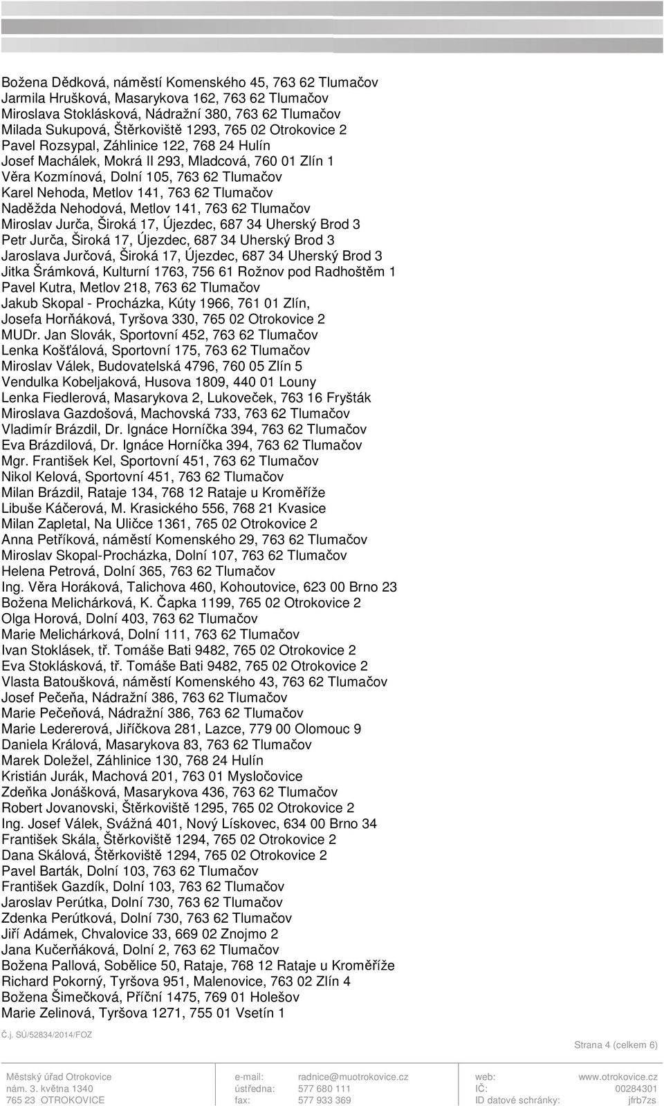 Naděžda Nehodová, Metlov 141, 763 62 Tlumačov Miroslav Jurča, Široká 17, Újezdec, 687 34 Uherský Brod 3 Petr Jurča, Široká 17, Újezdec, 687 34 Uherský Brod 3 Jaroslava Jurčová, Široká 17, Újezdec,
