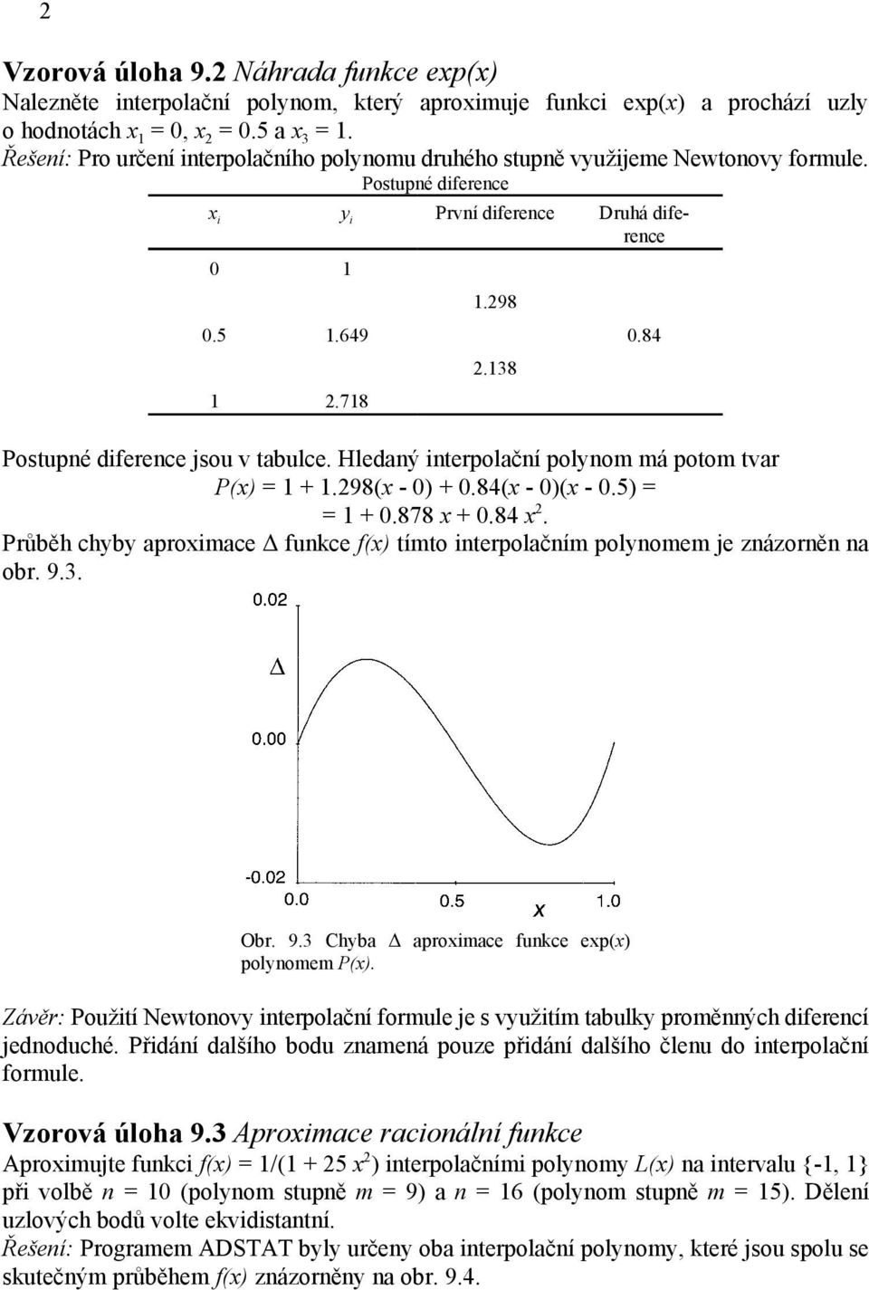 718 Postupné diference jsou v tabulce. Hledaný interpolační polynom má potom tvar P(x) = 1 + 1.98(x - 0) + 0.84(x - 0)(x - 0.5) = = 1 + 0.878 x + 0.84 x.