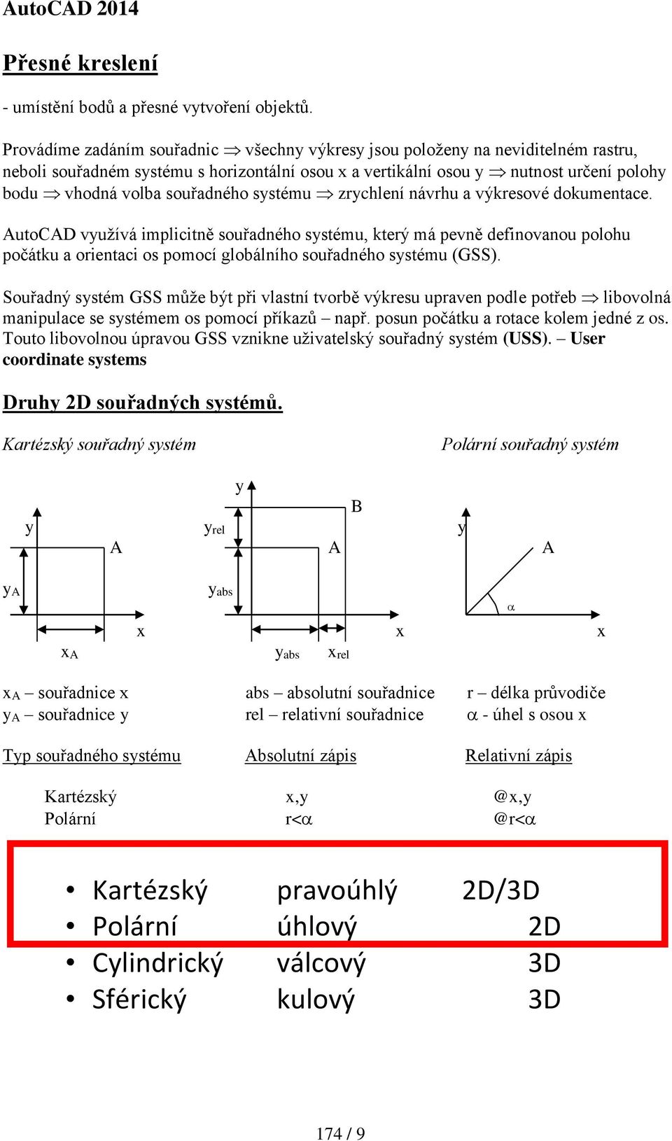 systému zrychlení návrhu a výkresové dokumentace. AutoCAD využívá implicitně souřadného systému, který má pevně definovanou polohu počátku a orientaci os pomocí globálního souřadného systému (GSS).
