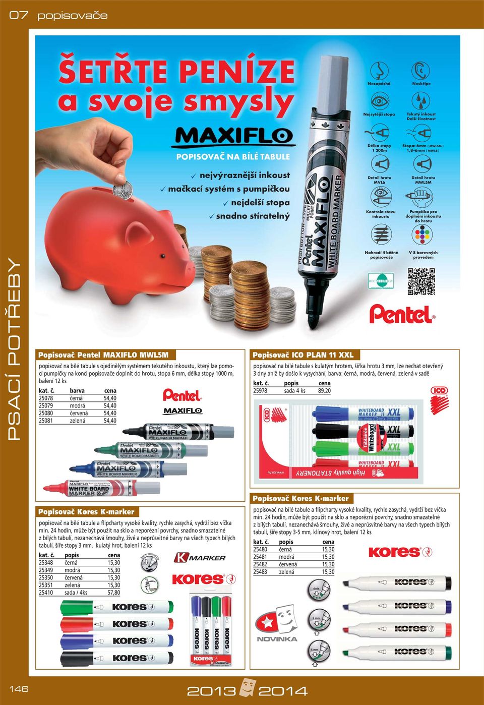 MAXIFLO MWL5M popisovač na bílé tabule s ojedinělým systémem tekutého inkoustu, který lze pomocí pumpičky na konci popisovače doplnit do hrotu, stopa 6 mm, délka stopy 1000 m, balení 12 ks 25078