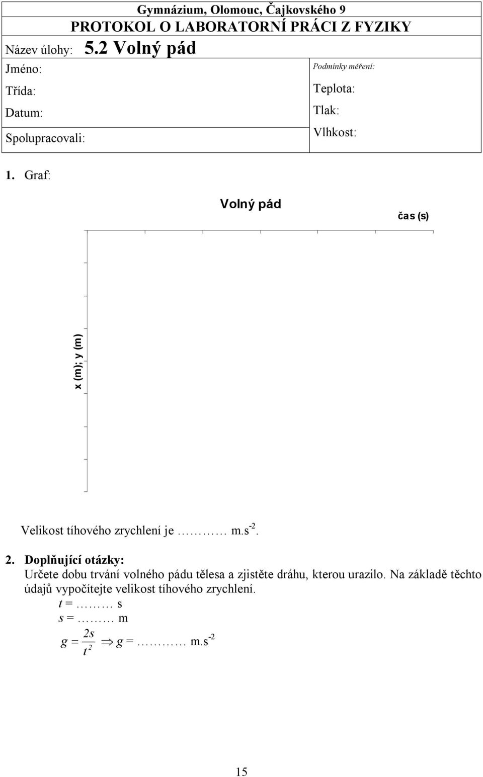 Graf: Volný pád čas (s) x (m); y (m) Velikost tíhového zrychlení je m.s -2. 2.