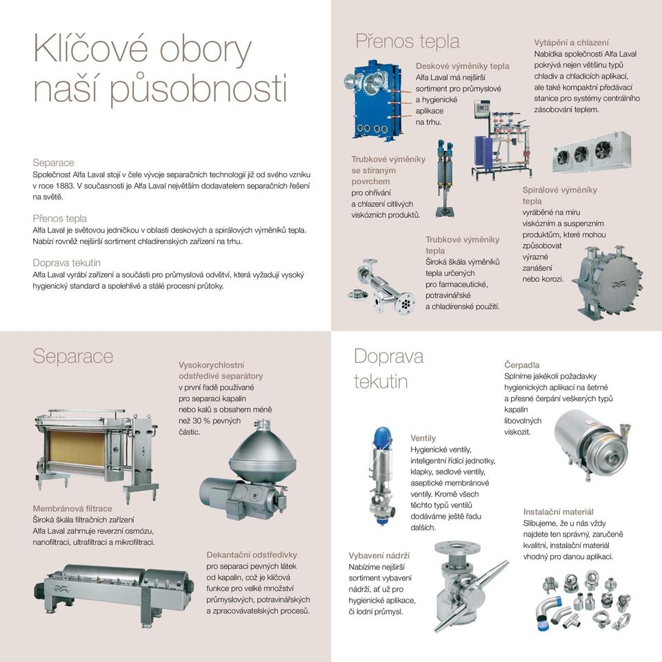 Separace Společnost Alfa Laval stojí v čele vývoje separačních technologií již od svého vzniku v roce 1883. V současnosti je Alfa Laval největším dodavatelem separačních řešení na světě.