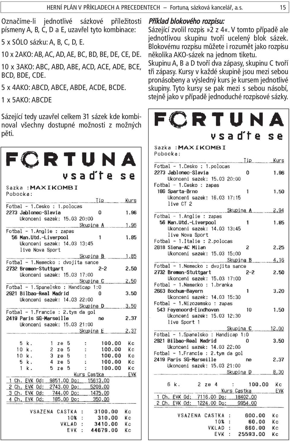 1 x 5AKO: ABCDE Sázející tedy uzavřel celkem 31 sázek kde kombinoval všechny dostupné možnosti z možných pěti. 15 Příklad blokového rozpisu: Sázející zvolil rozpis»2 z 4«.