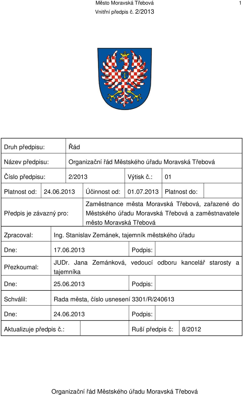 Moravská Třebová Zpracoval: Ing. Stanislav Zemánek, tajemník městského úřadu Dne: 17.06.2013 Podpis: Přezkoumal: JUDr.