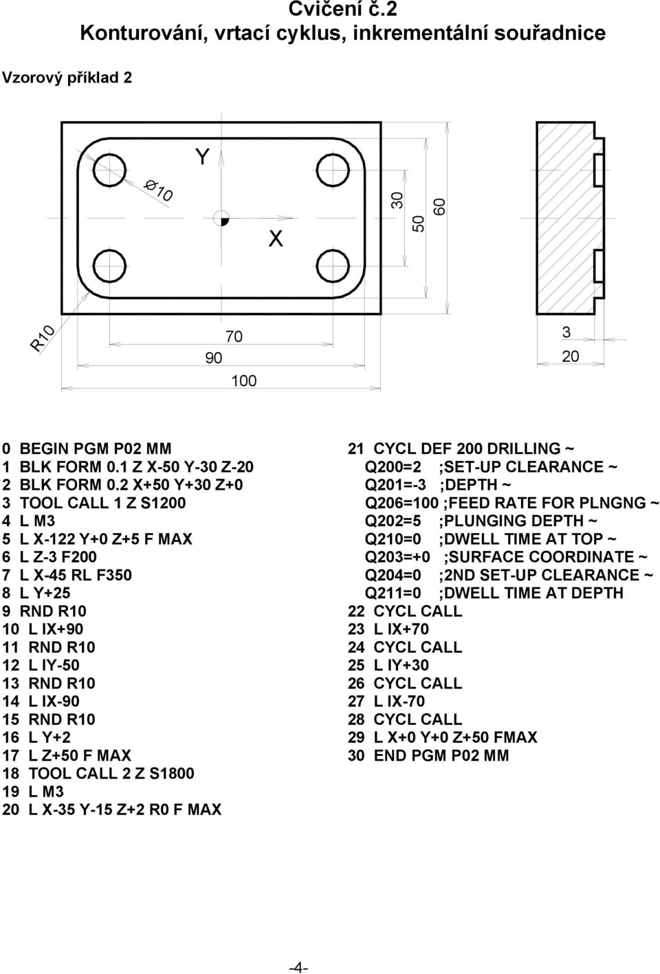 MA 18 TOOL CALL 2 Z S1800 19 L M3 L -35-15 Z+2 R0 F MA 21 CCL DEF 0 DRILLING ~ Q0=2 ;SET-UP CLEARANCE ~ Q1=-3 ;DEPTH ~ Q6=100 ;FEED RATE FOR PLNGNG ~ Q2=5 ;PLUNGING DEPTH ~ Q210=0 ;DWELL