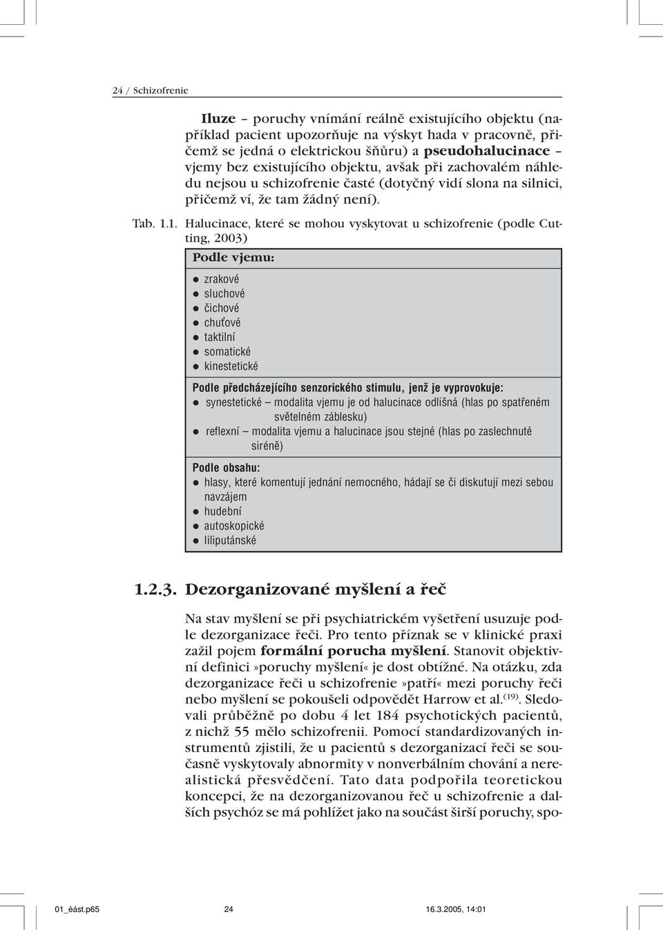 1. Halucinace, které se mohou vyskytovat u schizofrenie (podle Cutting, 2003) Podle vjemu: l zrakové l sluchové l èichové l chu ové l taktilní l somatické l kinestetické Podle pøedcházejícího