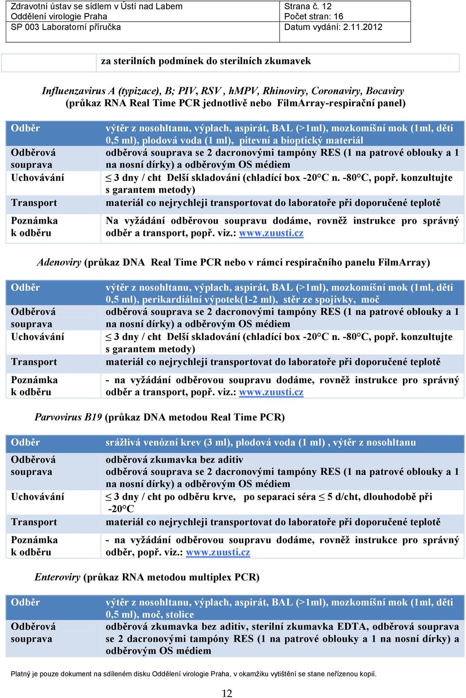 ová výtěr z nosohltanu, výplach, aspirát, BAL (>1ml), mozkomíšní mok (1ml, děti 0,5 ml), plodová voda (1 ml), pitevní a bioptický materiál odběrová se 2 dacronovými tampóny RES (1 na patrové oblouky