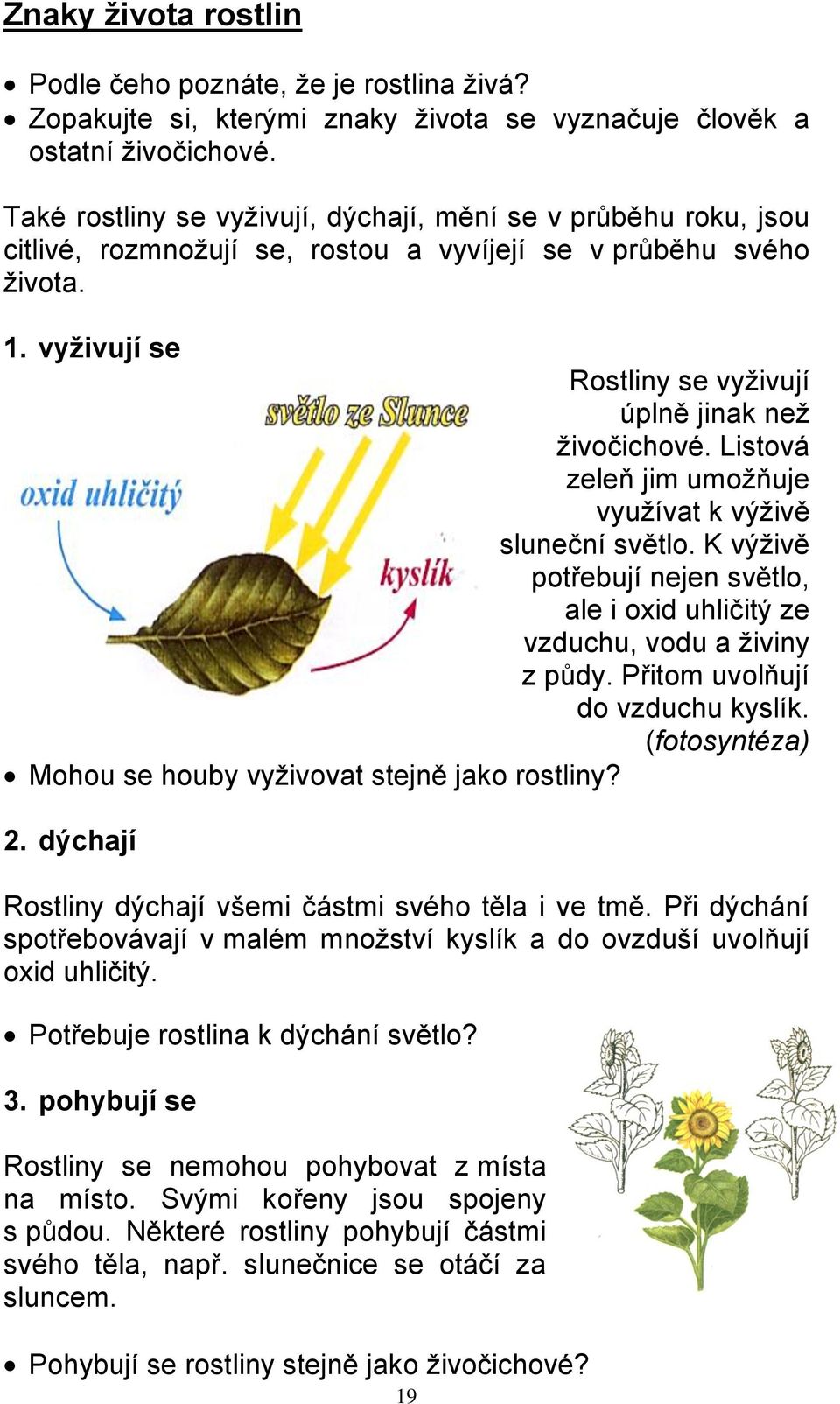 Listová zeleň jim umožňuje využívat k výživě sluneční světlo. K výživě potřebují nejen světlo, ale i oxid uhličitý ze vzduchu, vodu a živiny z půdy. Přitom uvolňují do vzduchu kyslík.