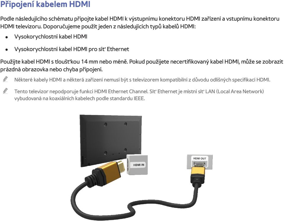 méně. Pokud použijete necertifikovaný kabel HDMI, může se zobrazit prázdná obrazovka nebo chyba připojení.