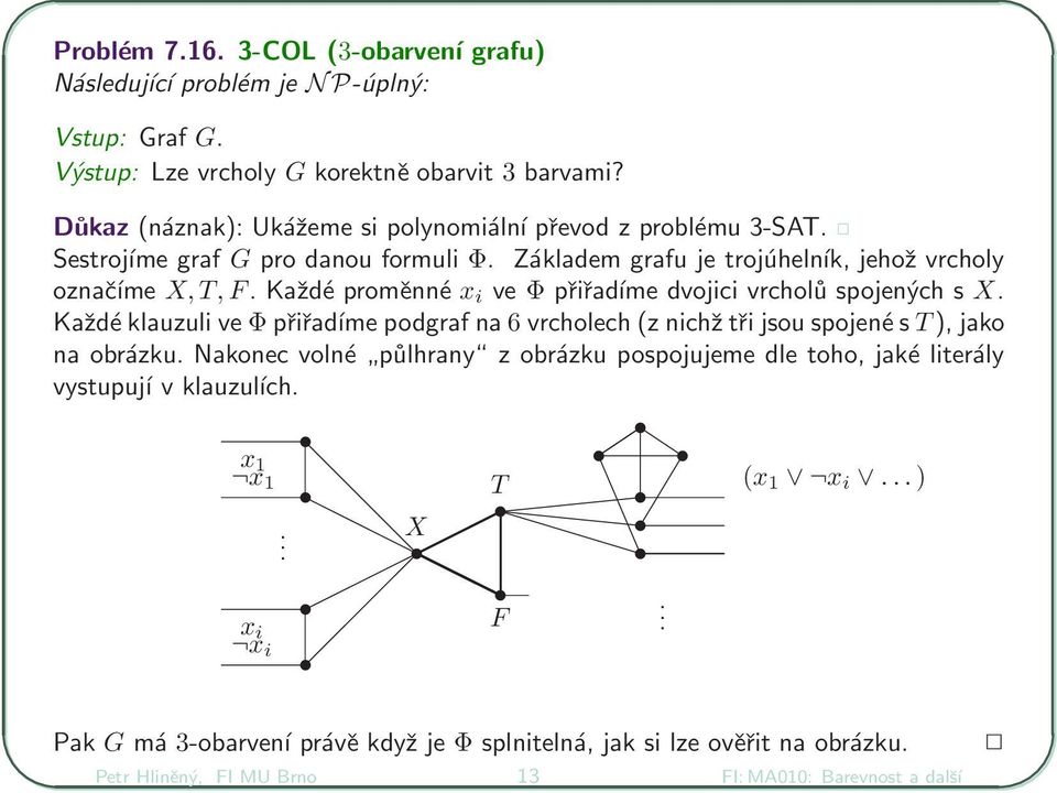 Každé proměnné x i ve Φ přiřadíme dvojici vrcholů spojených s X. Každé klauzuli ve Φ přiřadíme podgraf na 6 vrcholech (z nichž tři jsou spojené s T), jako na obrázku.