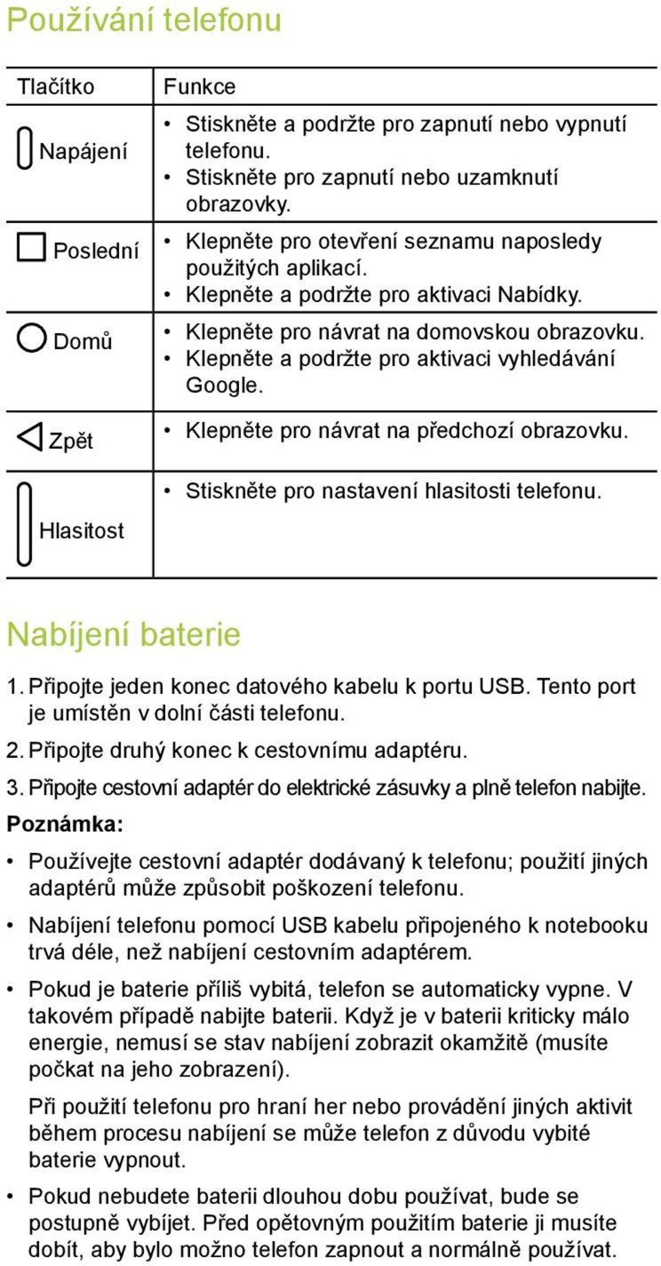 Klepněte pro návrat na předchozí obrazovku. Stiskněte pro nastavení hlasitosti telefonu. Nabíjení baterie 1. Připojte jeden konec datového kabelu k portu USB.