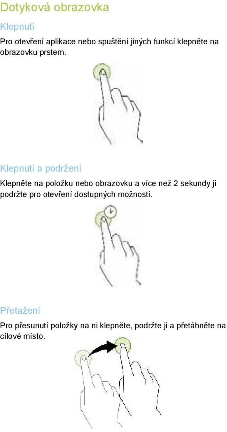 Klepnutí a podržení Klepněte na položku nebo obrazovku a více než 2 sekundy ji
