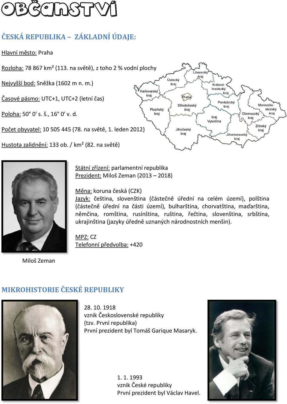 na světě) Miloš Zeman Státní zřízení: parlamentní republika Prezident: Miloš Zeman (2013 2018) Měna: koruna česká (CZK) Jazyk: čeština, slovenština (částečně úřední na celém území), polština