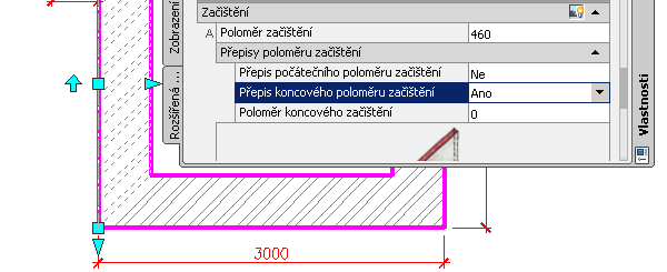 Vynášení stěn Konec stěny U této stěny změníme koncový