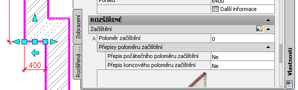 Vynášení stěn U krátké stěny změníme poloměr začištění na obou koncích stěny na hodnotu 0 a