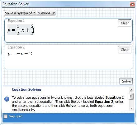 1 5 y = x + a y = x 2 s použitím aplikace Řešení početní: Nejprve zvolíme Equqtion solver (Řešitel rovnic) a Solve a System of 2