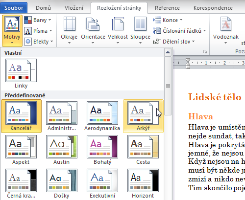 Motivy Motiv umožňuje změnu barevného vzhledu dokumentu a použitého písma.