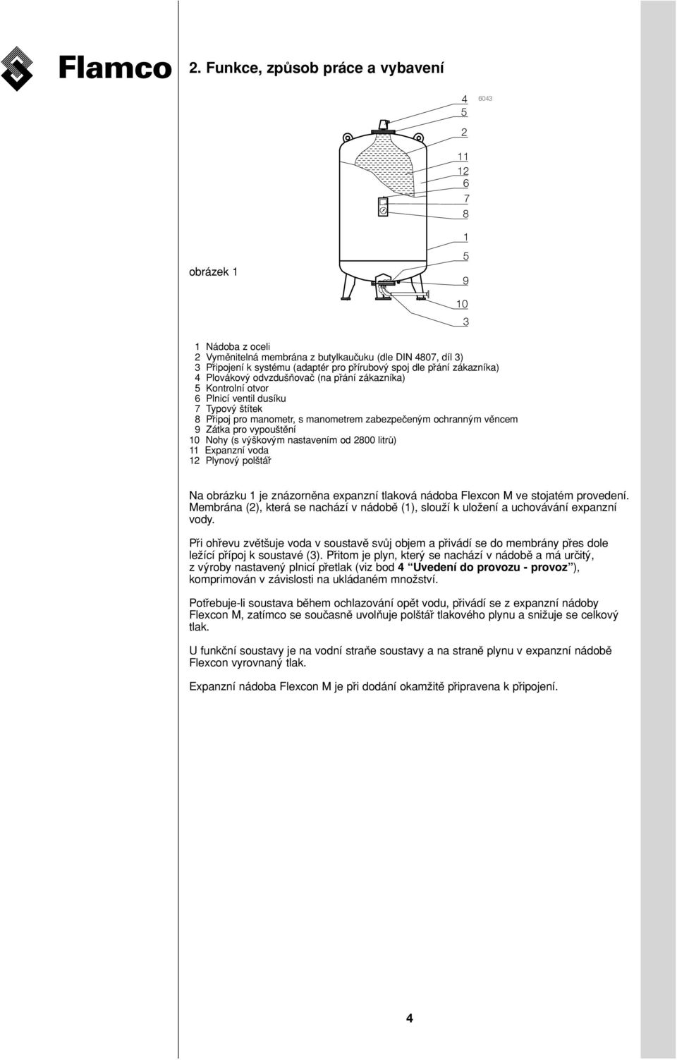ochranny m ve ncem 9 Zátka pro vypous te ní 10 Nohy (s vy s kovy m nastavením od 2800 litru ) 11 Expanzní voda 12 Plynovy pols tár Na obrázku 1 je znázorne na expanzní tlaková nádoba Flexcon M ve