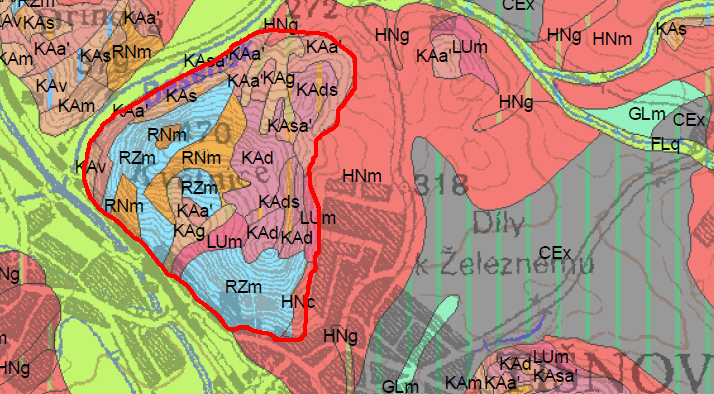 hranice zájmového území ranker modální kambizem rankerová rendzina modální kambizem mesobazická hnědozem karbonátová kambizem rankerová mesobazická luvizem