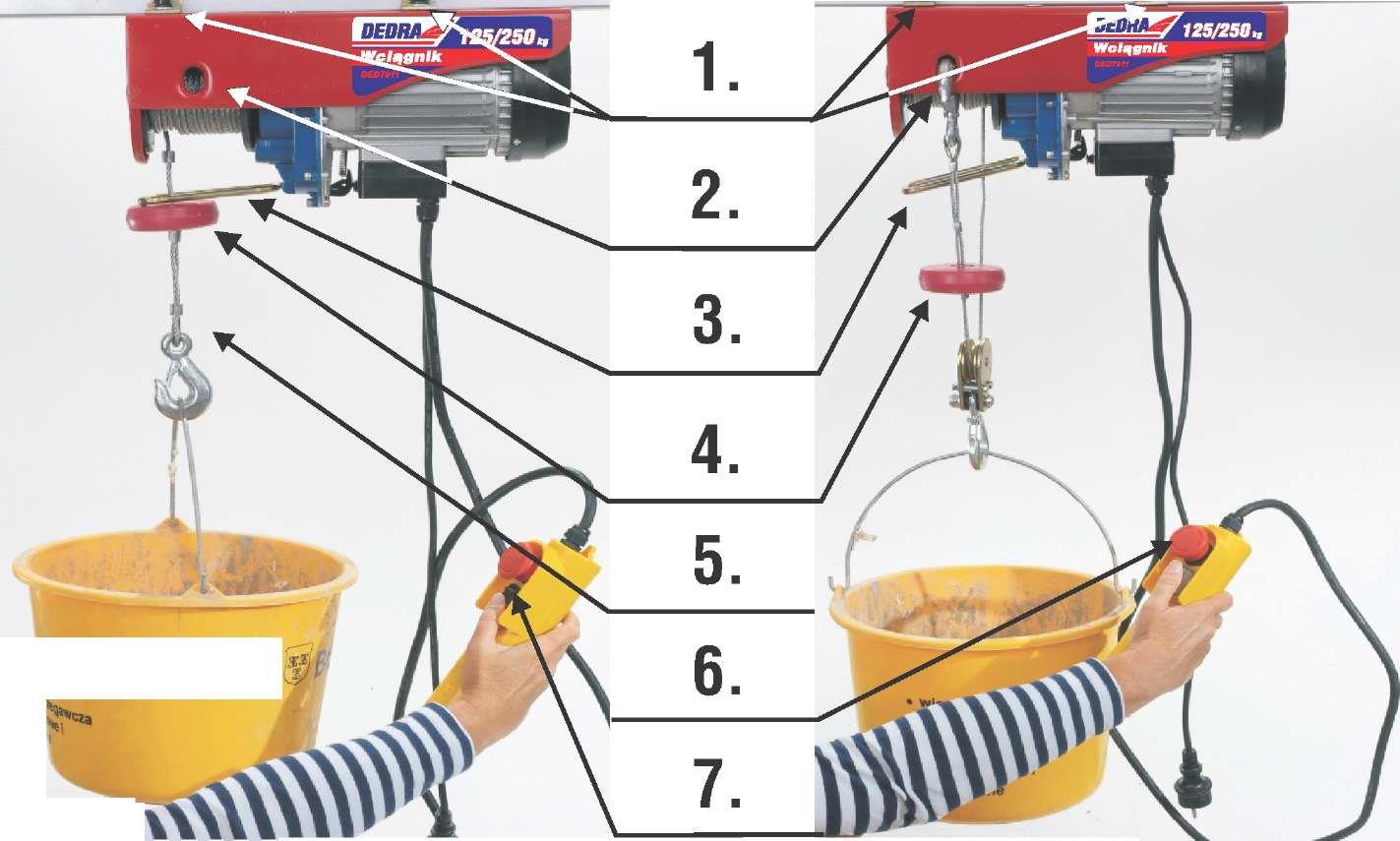 Elektrický kladkostroj Modely: DED7911 NÁVOD K OBSLUZE se Záručním listem Platný od: 1. ledna 2014 1. Objímky pro připevnění kladkostroje 2.