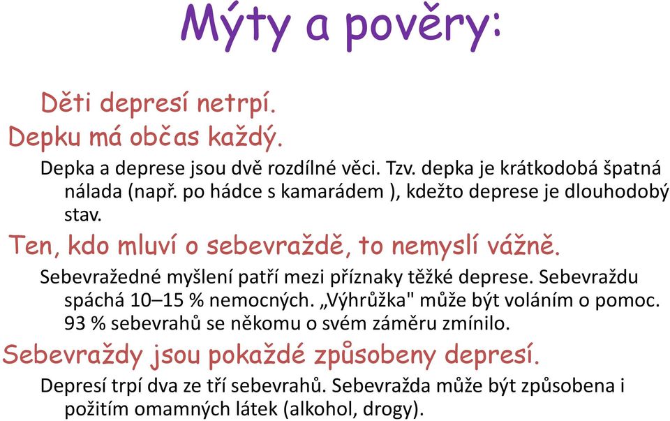 Sebevražedné myšlení patří mezi příznaky těžké deprese. Sebevraždu spáchá 10 15 % nemocných. Výhrůžka" může být voláním o pomoc.