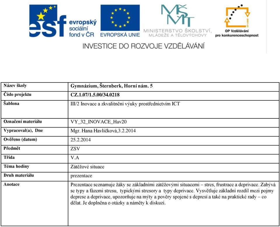 Hana Havlíčková,3.2.2014 ZSV V.A Zátěžové situace prezentace Prezentace seznamuje žáky se základními zátěžovými situacemi stres, frustrace a deprivace.