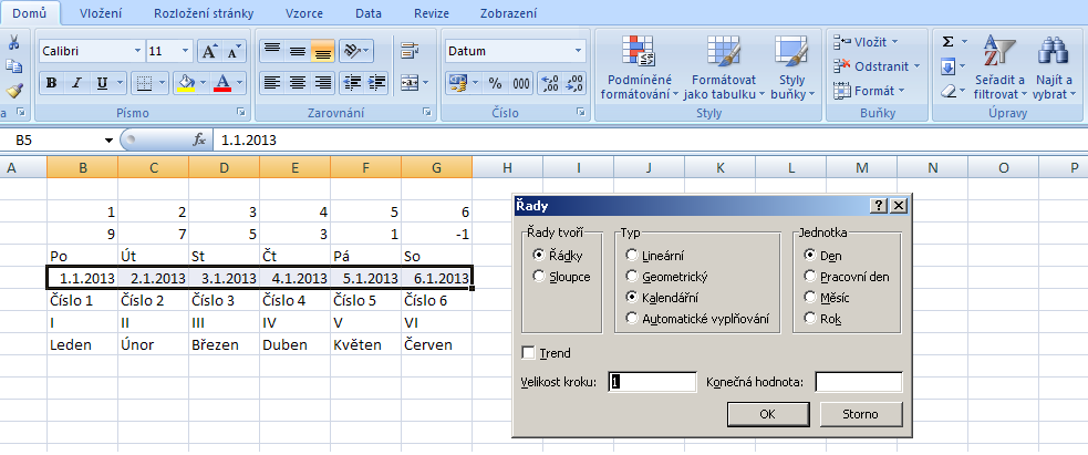 Řady a posloupnosti automatické doplnění řady čísel je možné také podrobněji nastavit karta Domů / Úpravy /