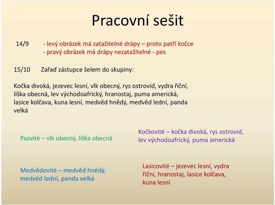 kolčava, kuna lesní, medvěd hnědý, medvěd lední, panda velká Psovité vlk obecný, liška obecná Medvědovité medvěd hnědý, medvěd lední, panda velká