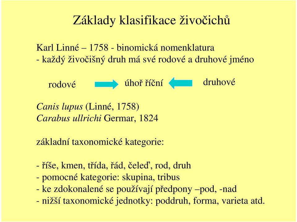 základní taxonomické kategorie: -říše, kmen, třída, řád, čeleď, rod, druh - pomocné kategorie: skupina,