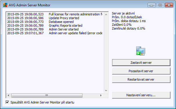 Dialog AVG Admin Server Monitor obsahuje následující ovládací tlačítka: Zastavit server umožní ukončit činnost AVG Admin Serveru.