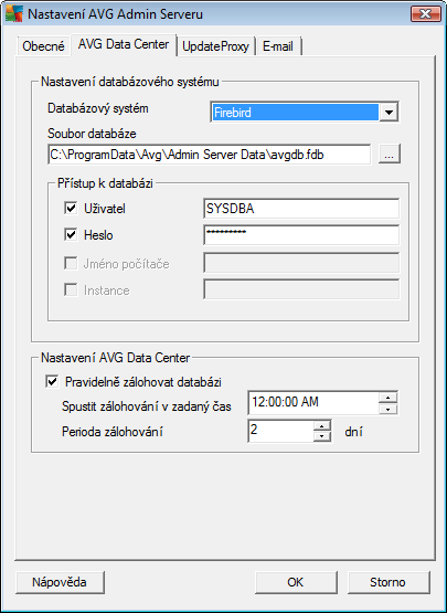 Sekce Přístup k serveru V této sekci doporučujeme pro zvýšení bezpečnosti vyplnit uživatelské jméno a heslo pro přístup k AVG Data Center.