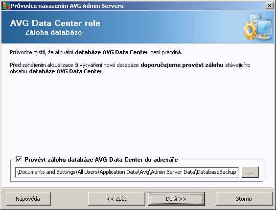 Pro její zálohování jednoduše zaškrtněte políčko Provést zálohu databáze Data Center do adresáře a vyplňte požadované umístění. Další dialog vás informuje o stavu vaší Data Center databáze.