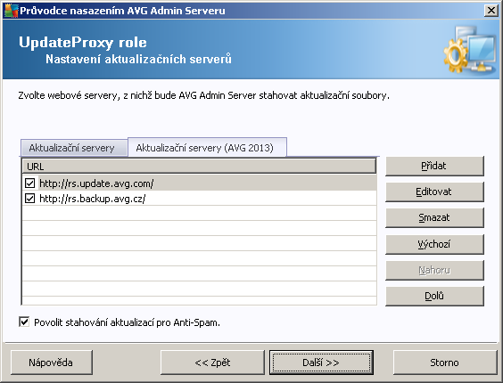 3.10.1. Aktualizační servery V dialogu zvolte aktualizační servery, ze kterých bude AVG Admin Server stahovat aktualizační soubory za účelem jejich následné distribuce stanicím.