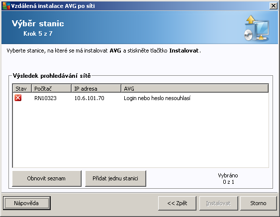 na kterých nebylo možné stav instalace zjistit. Tlačítkem Obnovit seznam lze aktualizovat stav všech stanic v seznamu.