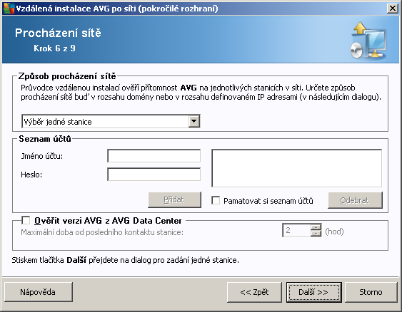 Průvodce potřebuje nejdříve otestovat některé stanice, zjistit jejich stav a následně na ně nainstalovat AVG. V Procházení sítě zvolte z rolovací nabídky požadovanou metodu výběru stanic.