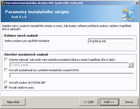 V tomto kroku můžete vybrat název souborů pro instalační skripty, jejich umístění a související nastavení.
