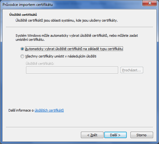 Po stisku tlačítka Další se otevře okno pro výběr úložiště instalovaného certifikátu.