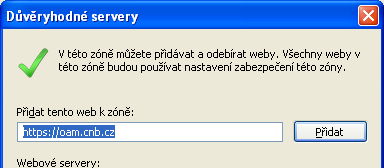 Možnosti Internetu. Klikněte na kartu Zabezpečení a potom klikněte na Důvěryhodné servery.