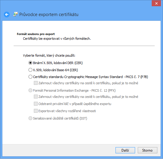 3.3. Ponechejte výchozí, nabízené nastavení Binární X.509, kódování DER (CER). 3.4.