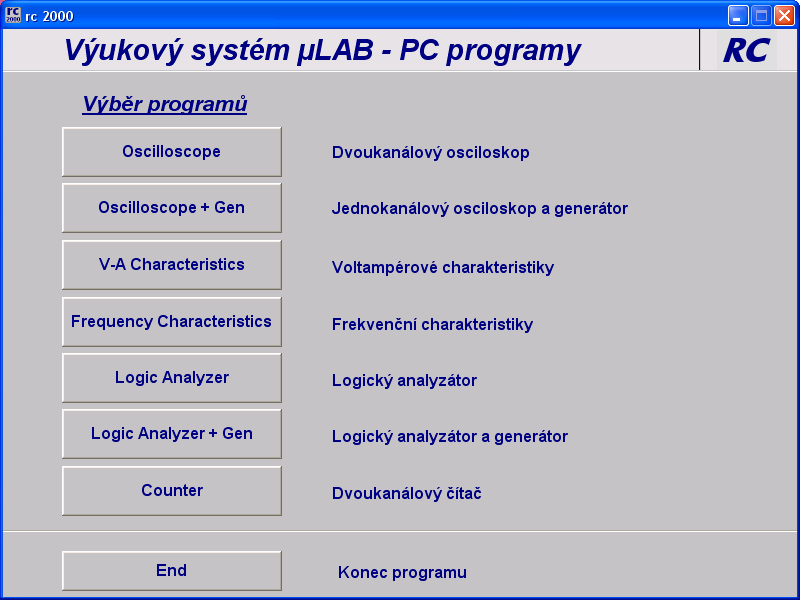 Ovláání programu rc 2000: Program rc2000 umožňue ovláání výukového systému úloh prostřenictvím menu (obr.3). Výběrem z tohoto menu se vstupue o požaované skupiny úloh.