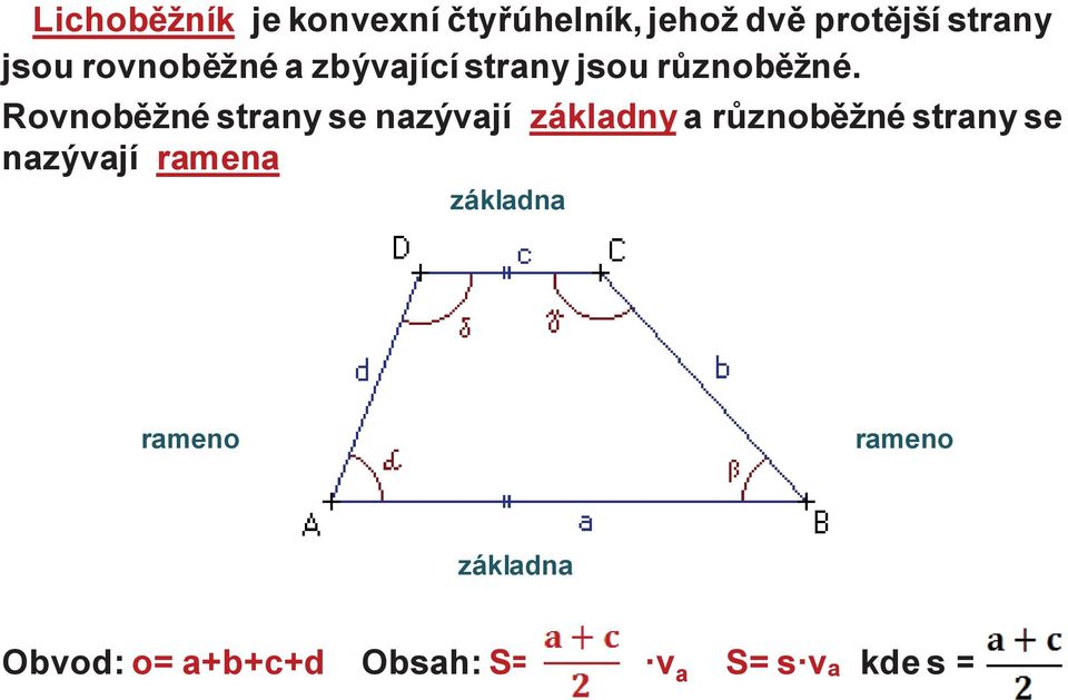 Rovnoběžné strany se nazývají základny a různoběžné strany se