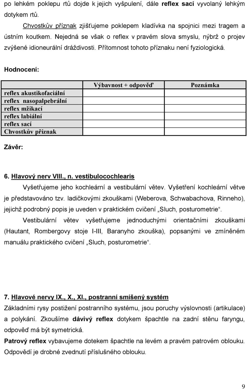 reflex akustikofaciální reflex nasopalpebrální reflex mžikací reflex labiální reflex sací Chvostkův příznak Výbavnost + odpověď 6. Hlavový nerv VIII., n.