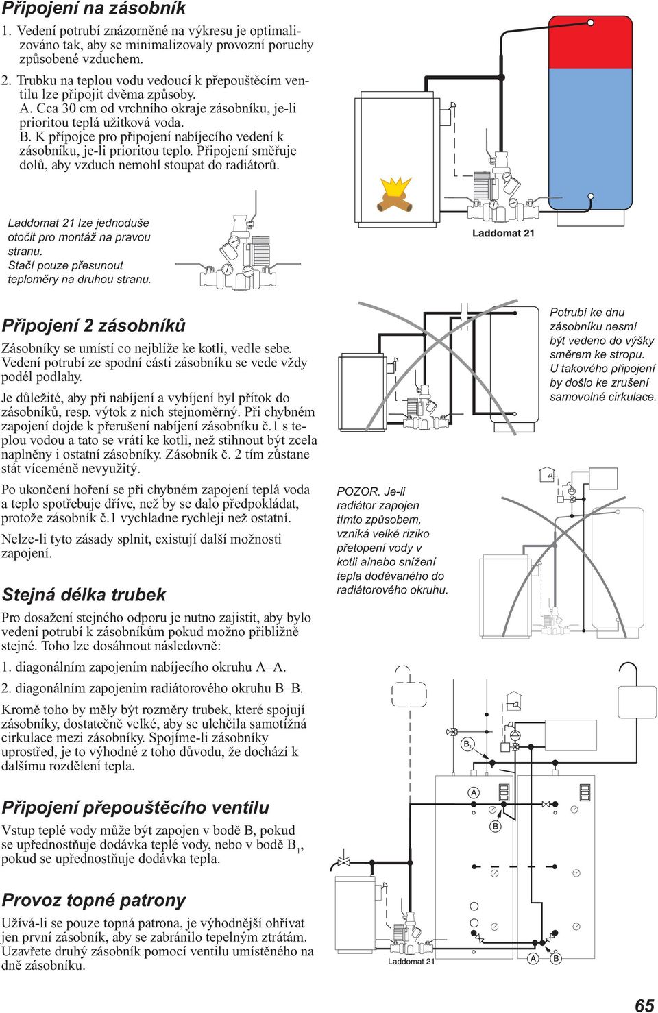 K přípojce pro připojení nabíjecího vedení k zásobníku, je-li prioritou teplo. Připojení směřuje dolů, aby vzduch nemohl stoupat do radiátorů.