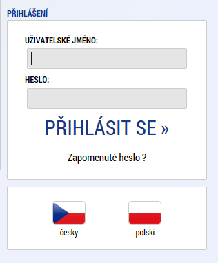 Snímek datových polí pro přihlášení do IS KP14+ Aplikace je primárně zobrazena v českém jazyce.
