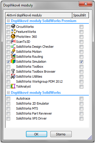 Aktivace doplňkového modulu SolidWorks Simulation je možná přes nabídku roletového menu Nástroje Doplňkové moduly. Aktivace modulu v aktuálně spuštěné relaci SolidWorksu.