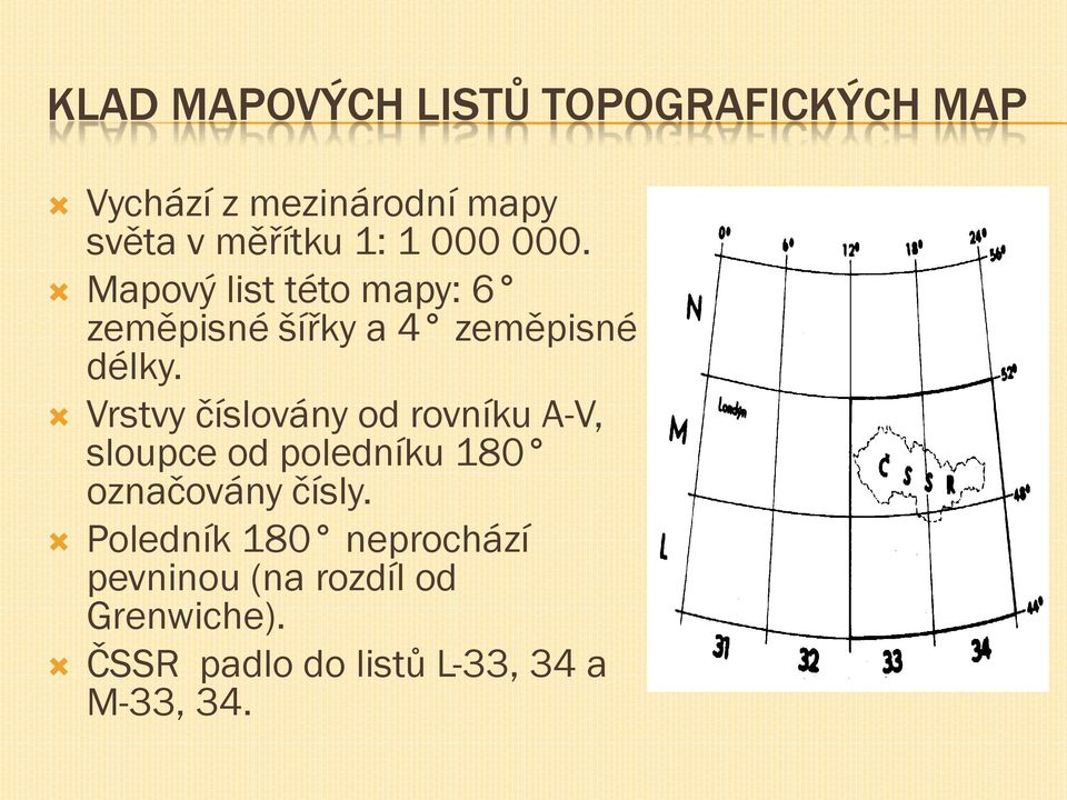 Vrstvy číslovány od rovníku A-V, sloupce od poledníku 180 označovány čísly.