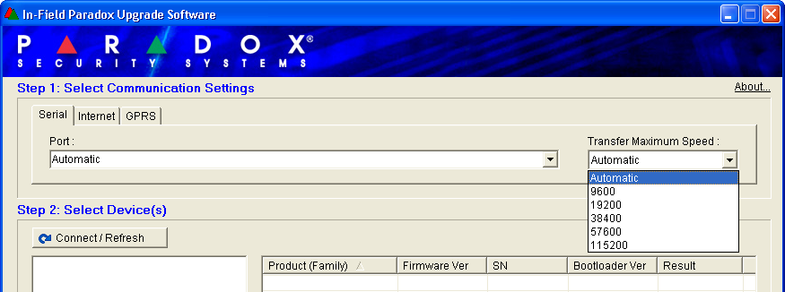 Připojení BabyWare/WinLoad Před započetím programování pomocí BabyWare/WinLoad je nutné z klávesnice zadat načtení modulů [4006].