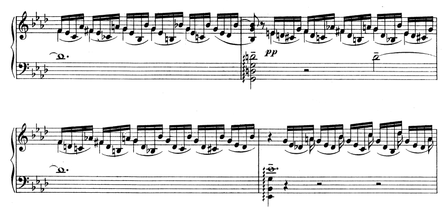 Příklad č. 21 Příklad č. 22 Pouze od taktu třicetdva následujících osm taktů je jakási prodleva v pianissimu. Pravá stále pokračuje v preludování, ale levá se zastaví na několika arpegiích (příklad č.