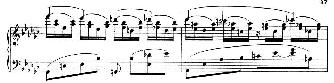 9. Preludium es moll Presto Charakterem se opět toto preludium přibližuje etudě. Svými obtížnými tercsextovými hmaty pravé ruky je technicky nejobtížnější (příklad č. 24) 35.