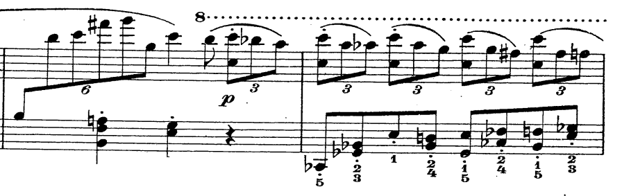 stránce rytmické. V tomto místě vůdčí roli přebírá levá ruka, která nad triolovými obloučky v pravé ruce nese melodii v duolách a ve staccatu. Příklad č.